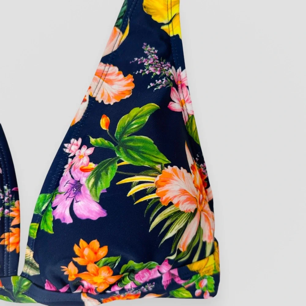 NWT Kona Sol Tropical Print Longline Bikini Top Navy Blue Size Large Beach Vacay
